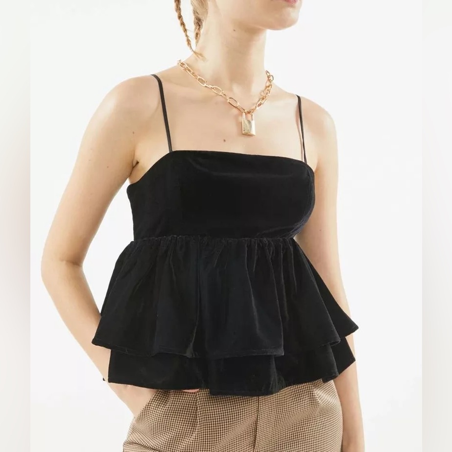 Urban Outfitters Black Velvet Tiered Peplum Tank